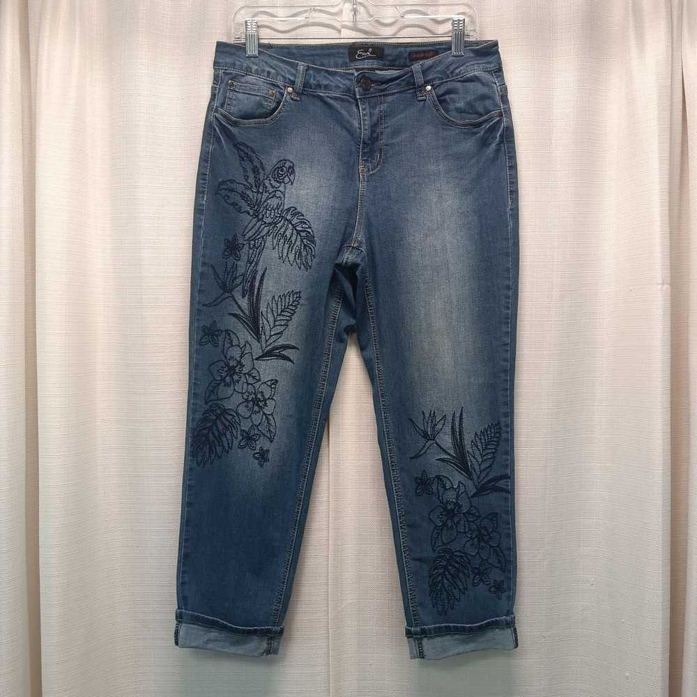 Earl Jean Women 12 Medium Wash Embroidered Parrot Floral Ankle Cuff Jeans Boho